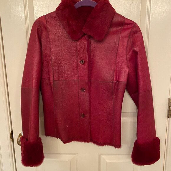 Deep Red Leather and faux fur lining Jacket  Sz Med - Picture 2 of 4